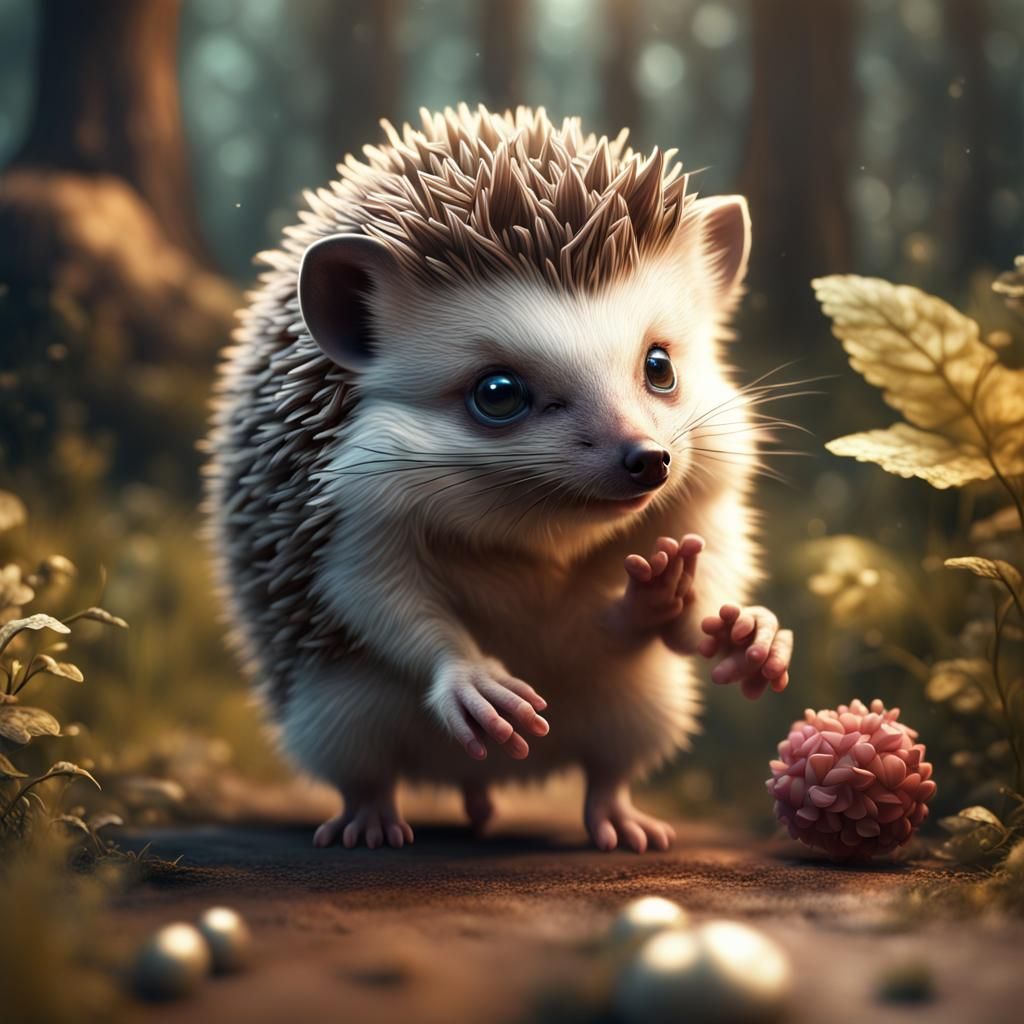 Hedgehog and Kitten Play Together: Fantasy Concept Art