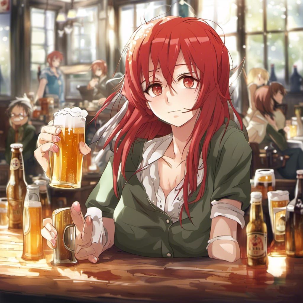 Anime Girl with Red Hair Enjoying Beer