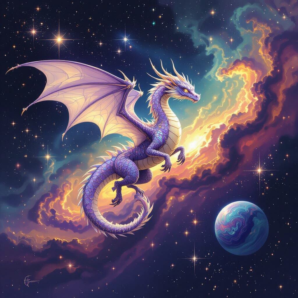 Metallic Dragon Soaring Through Nebula Sky