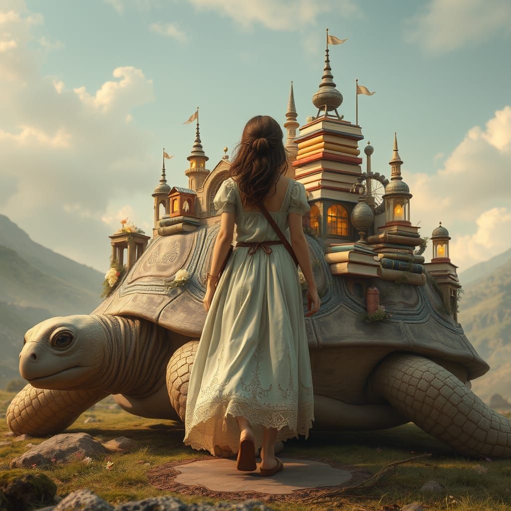 Mystical Wanderer in Surreal City on Giant Tortoise