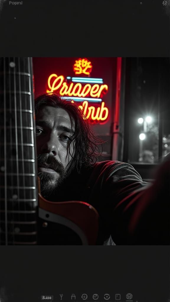 Musician's Gritty Selfie with Neon Lights