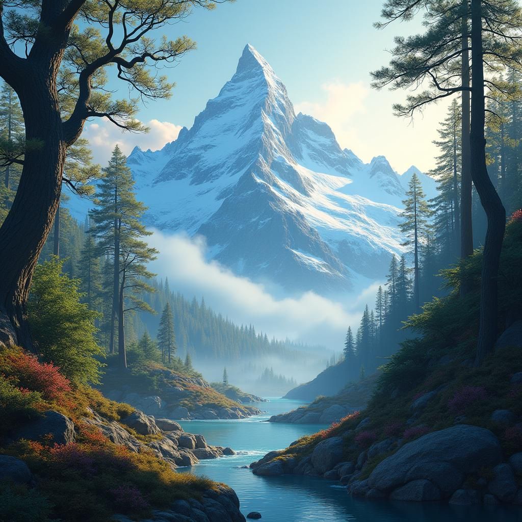 Mystical Forest Merges into Snowy Mountain Range