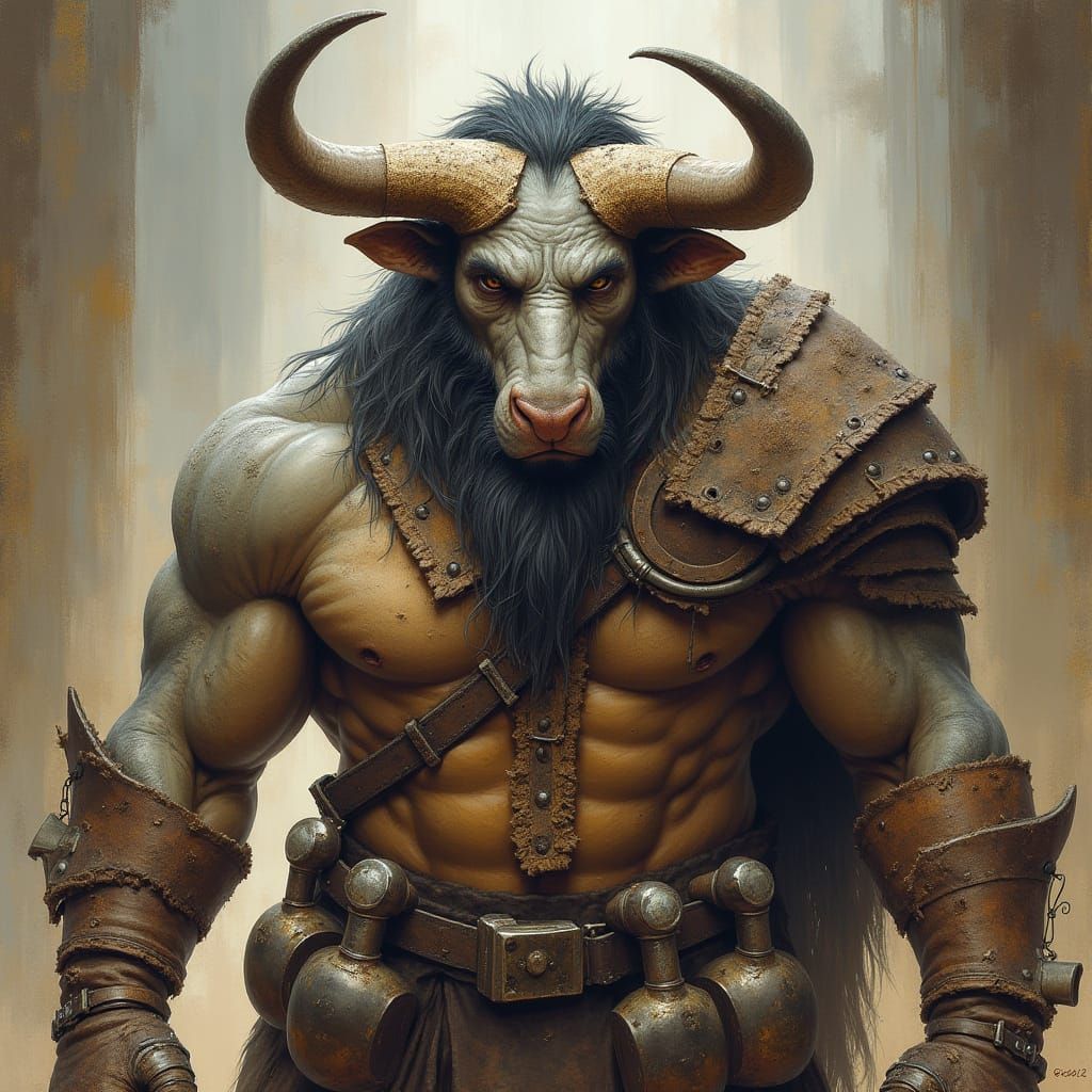Mythical Blacksmith Minotaur with Weathered Fur and Single H...