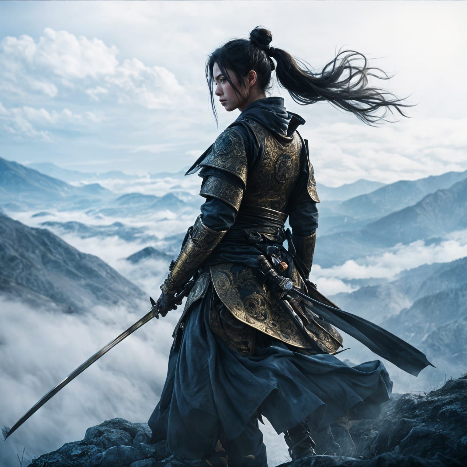 Female Samurai Warrior on Misty Battlefield in Dramatic Ligh...