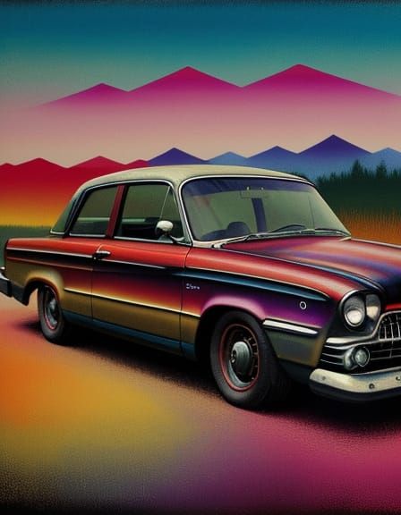 Retro Car in Japanese Landscape, Klee Style