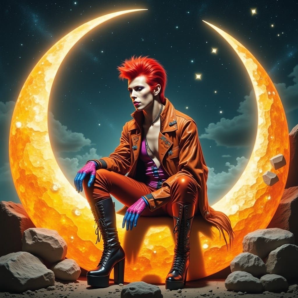 David Bowie as Ziggy Stardust on a Glowing Quarter Moon