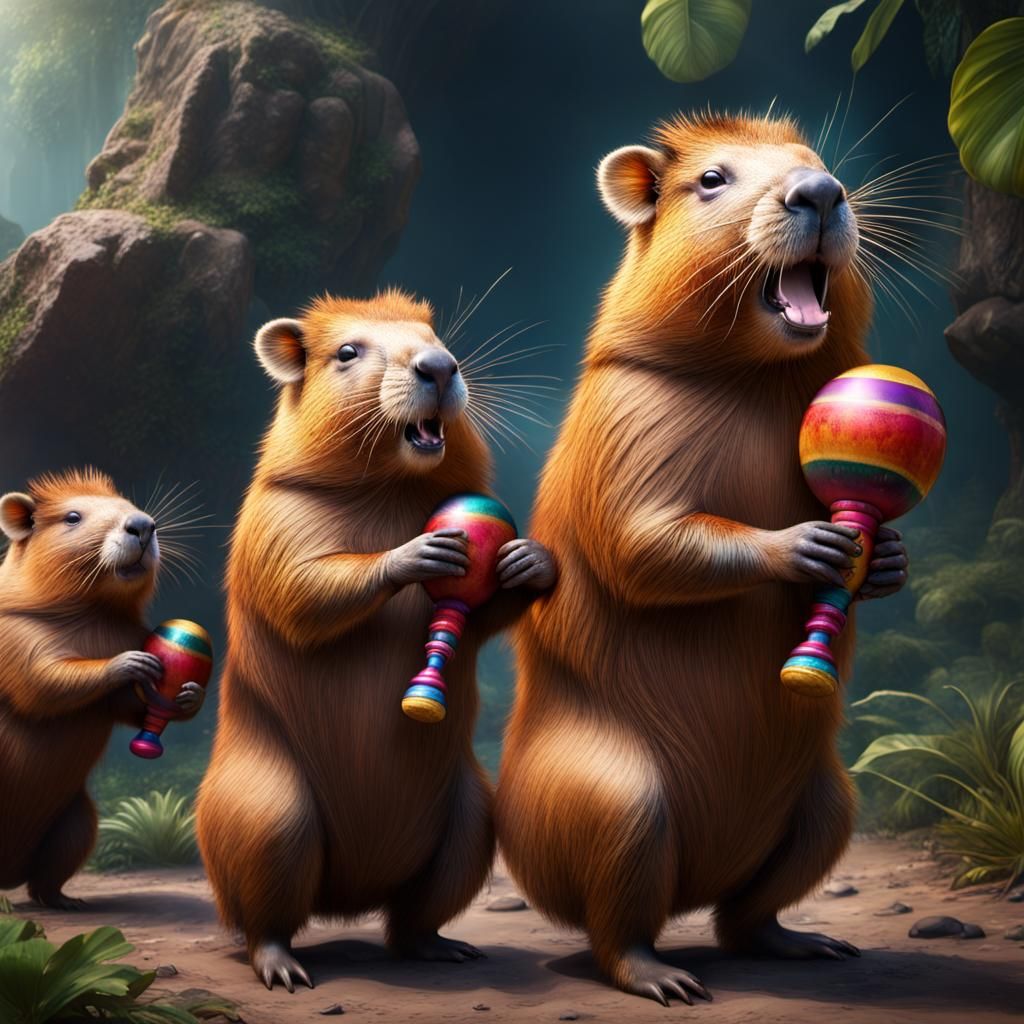 Capybaras Play Maracas: Detailed Matte Painting