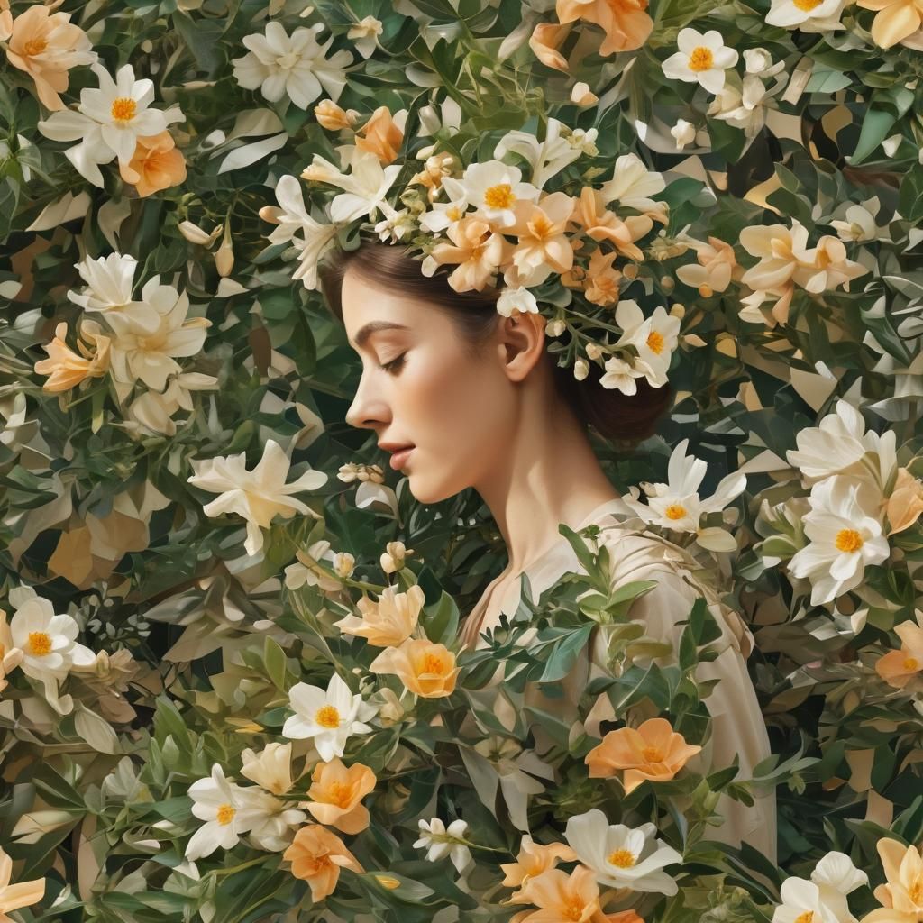 Woman in Geometric Garden, Cubist Abstract Art