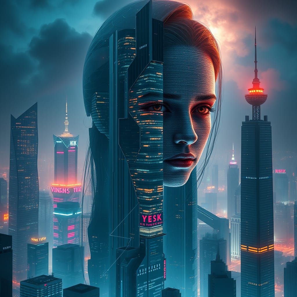 Giant City Goddess in Futuristic Metropolis