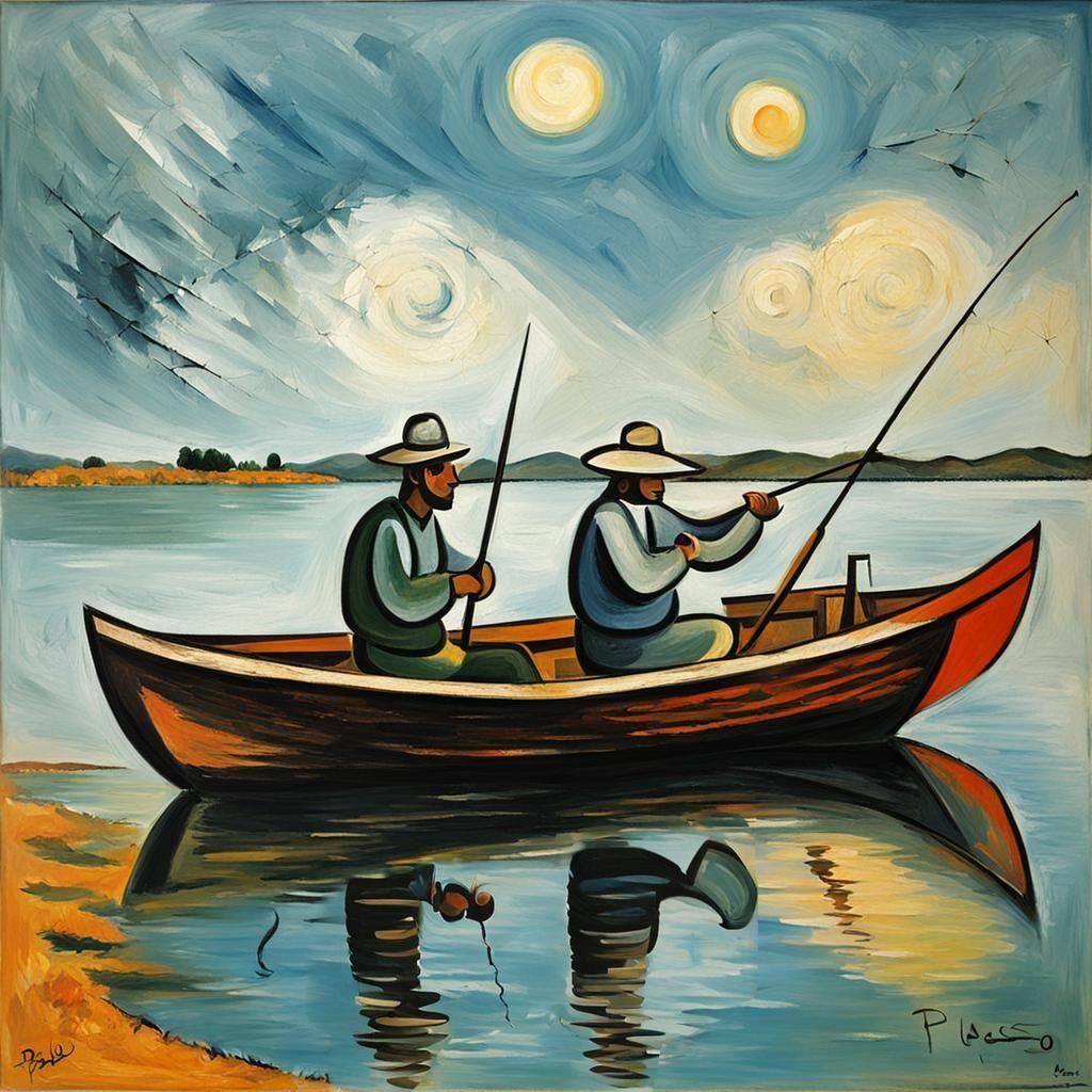 Fishermen on Lake in Cubist Style