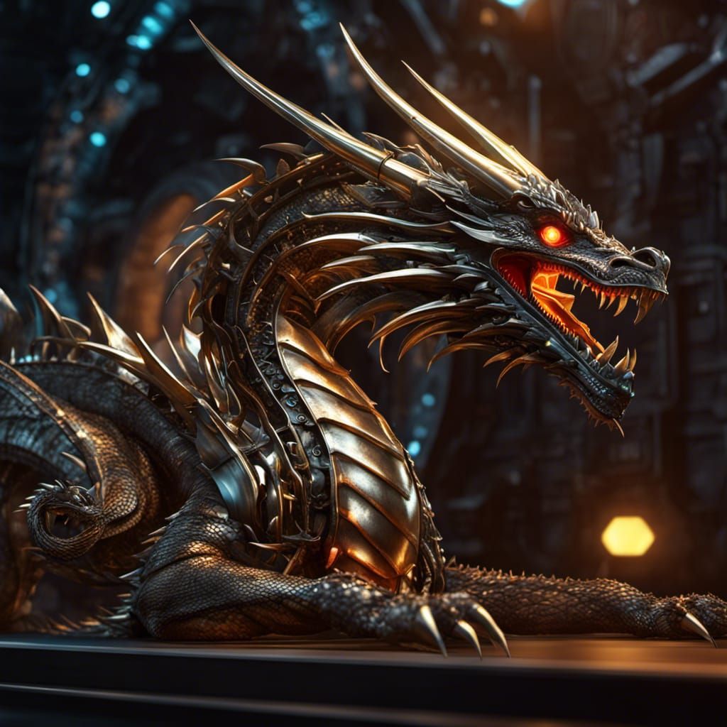 Biomechanical Dragon in Steampunk Technical Aerosol Style