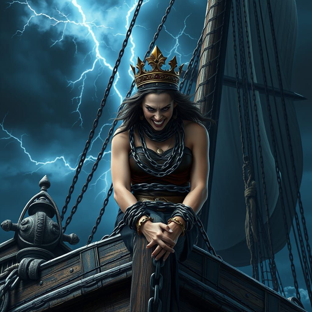 Regal Prisoner on Gritty Sailing Vessel in Turbulent Storm