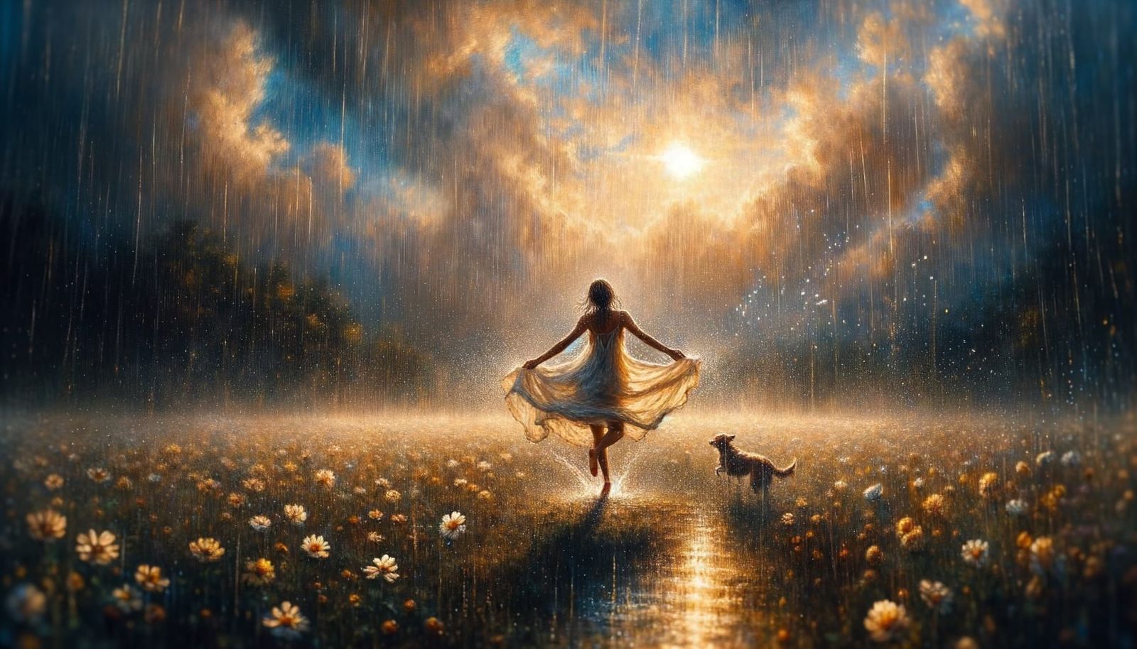 Golden Hour Rain Dance: A Painterly Summer Scene