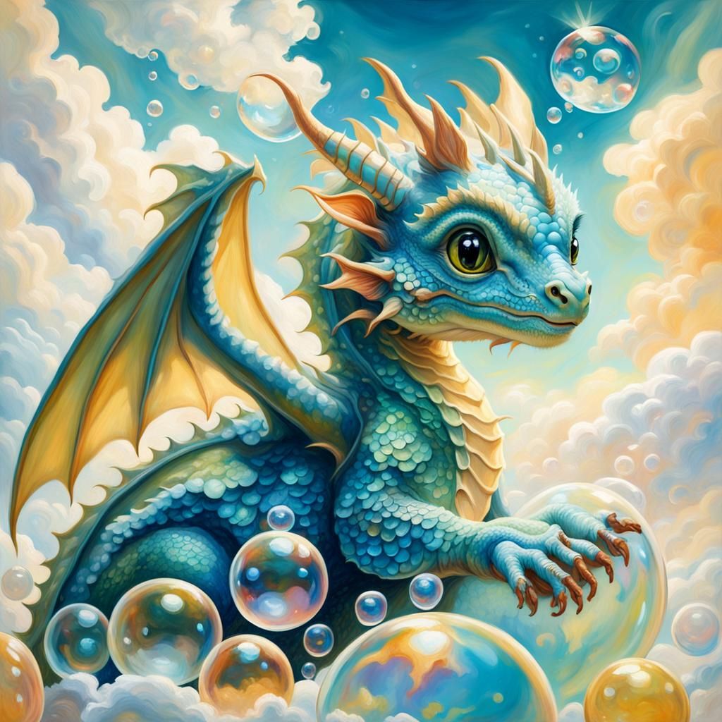 Baby Dragon in Soap Bubble: Whimsical Oil Painting