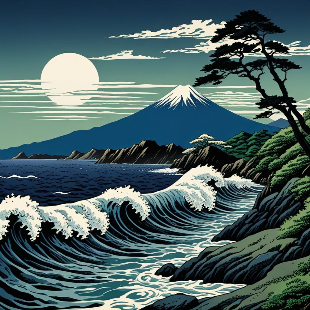 Suruga Bay Landscape in Ukiyo-e Woodblock Print Style