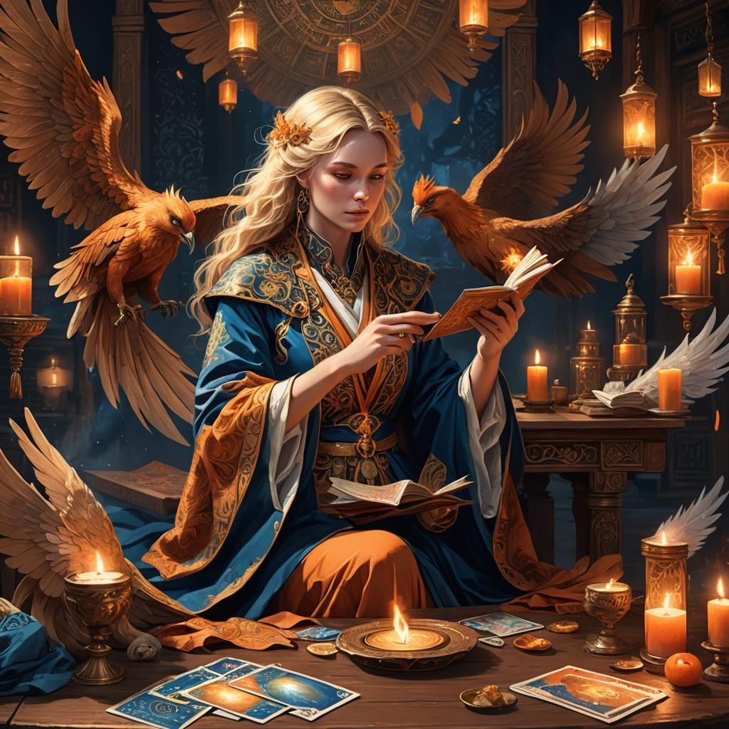 Mystical Tarot Reader Beside Bandaged Phoenix: Fantasy Art