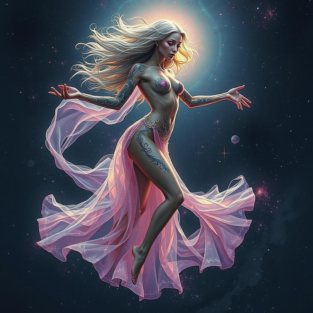 Celestial Woman Dancing Through the Cosmos