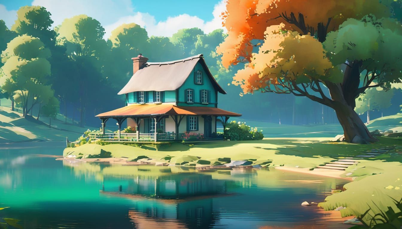 Quaint Cottage by Lake in Post-Impressionism Watercolor