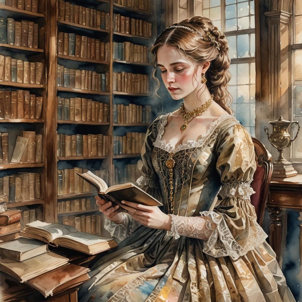 Victorian Woman Reads in Library, Watercolor Mixed Media