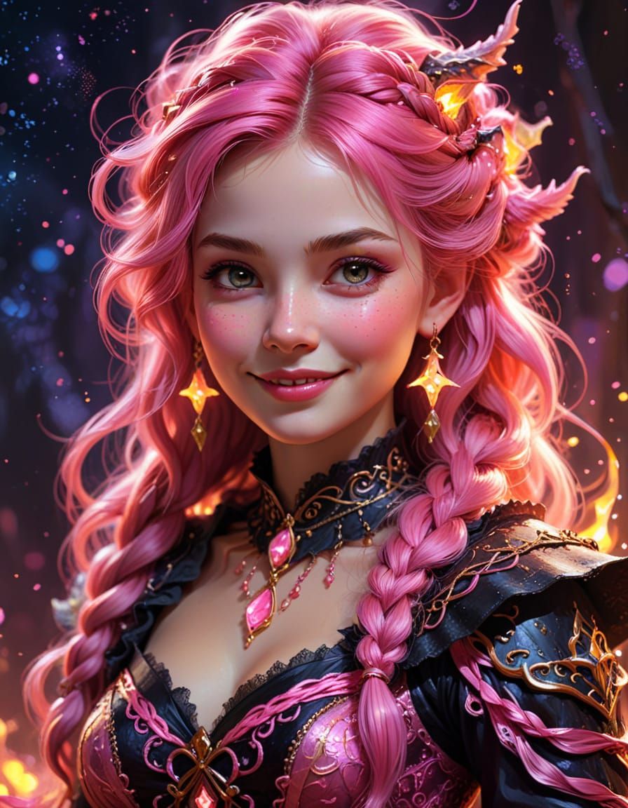 Pink Gothic Witch Portrait in Digital Art Style