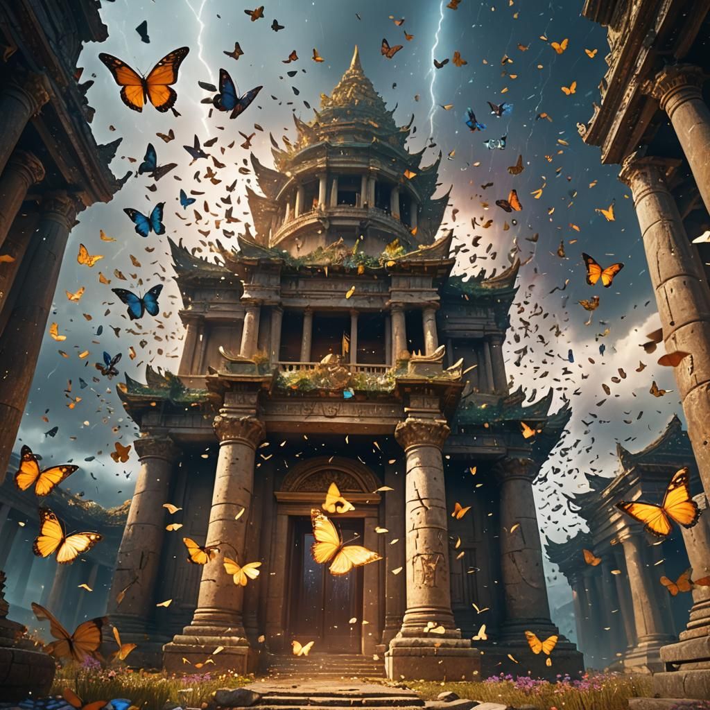 Butterfly Storm Sweeping Ancient Temple in Dreamlike Fantasy