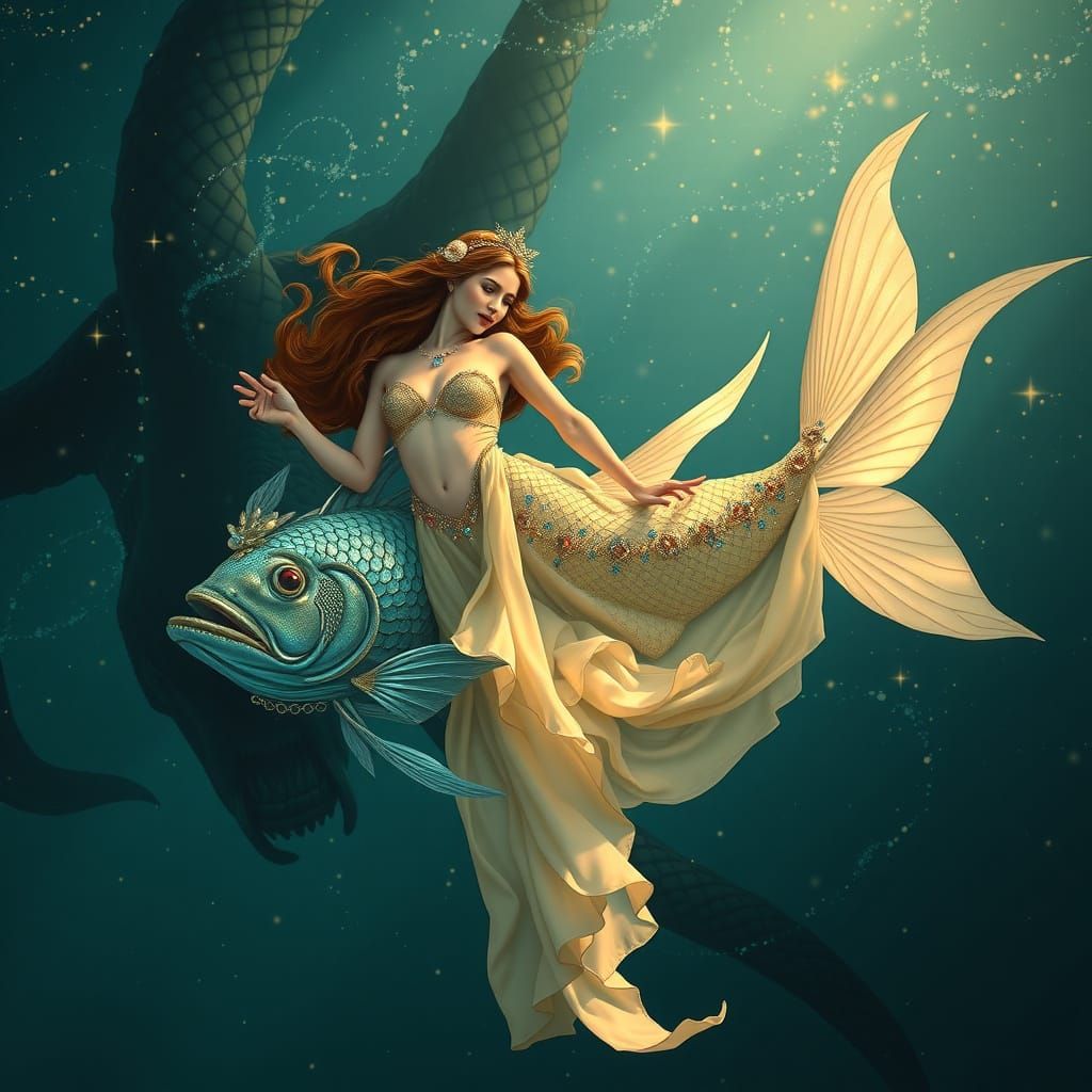 Aphrodite and Eros, who transformed into fish to escape a monster Eldritch cool colors deep color romanesque romanticism...