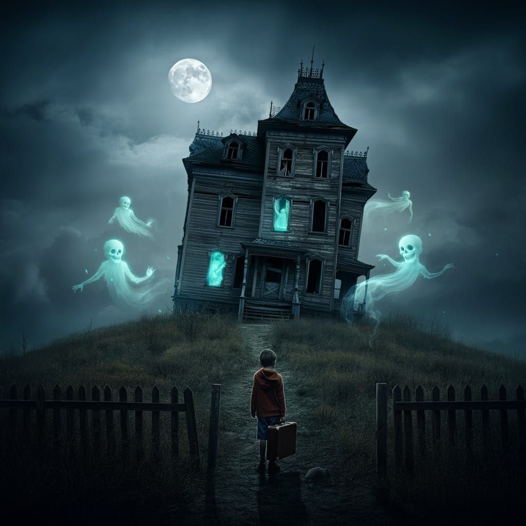 Eerie Haunted House with Ghosts in Moonlight