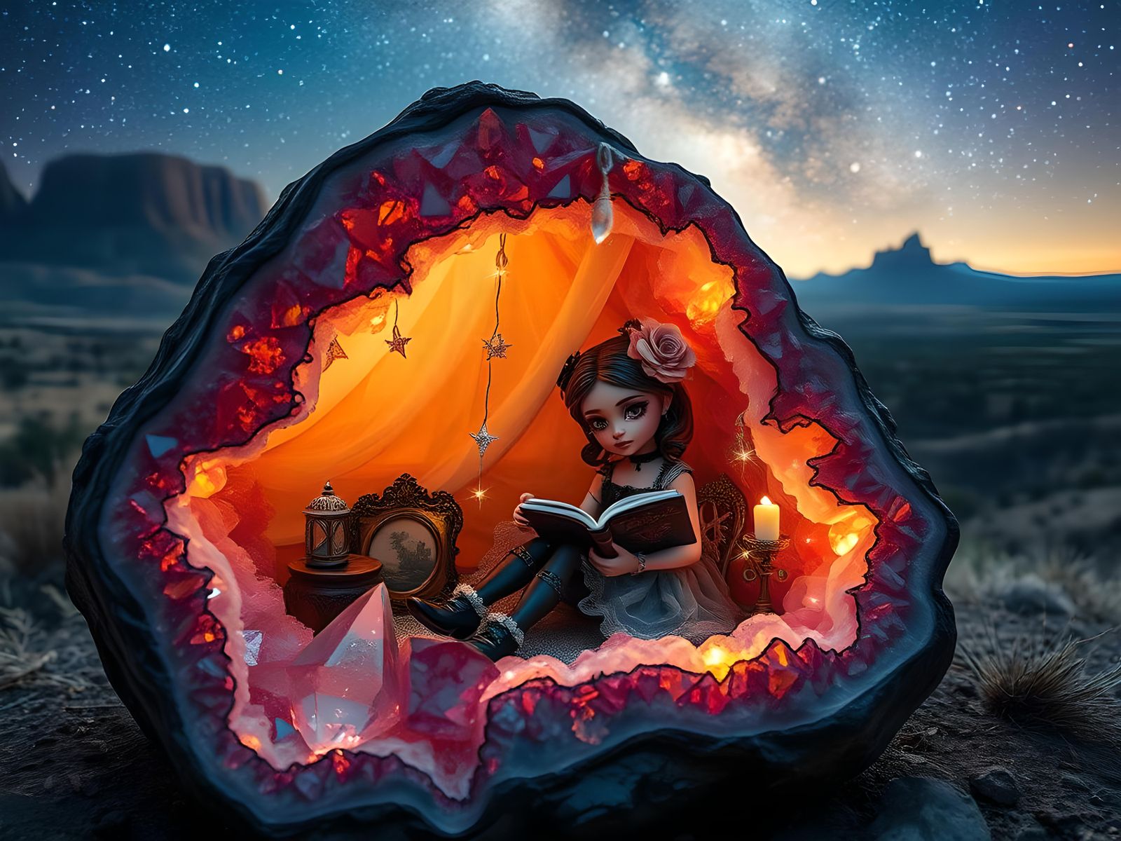 Geode Campsite with Gothic Girl, Mystical Art