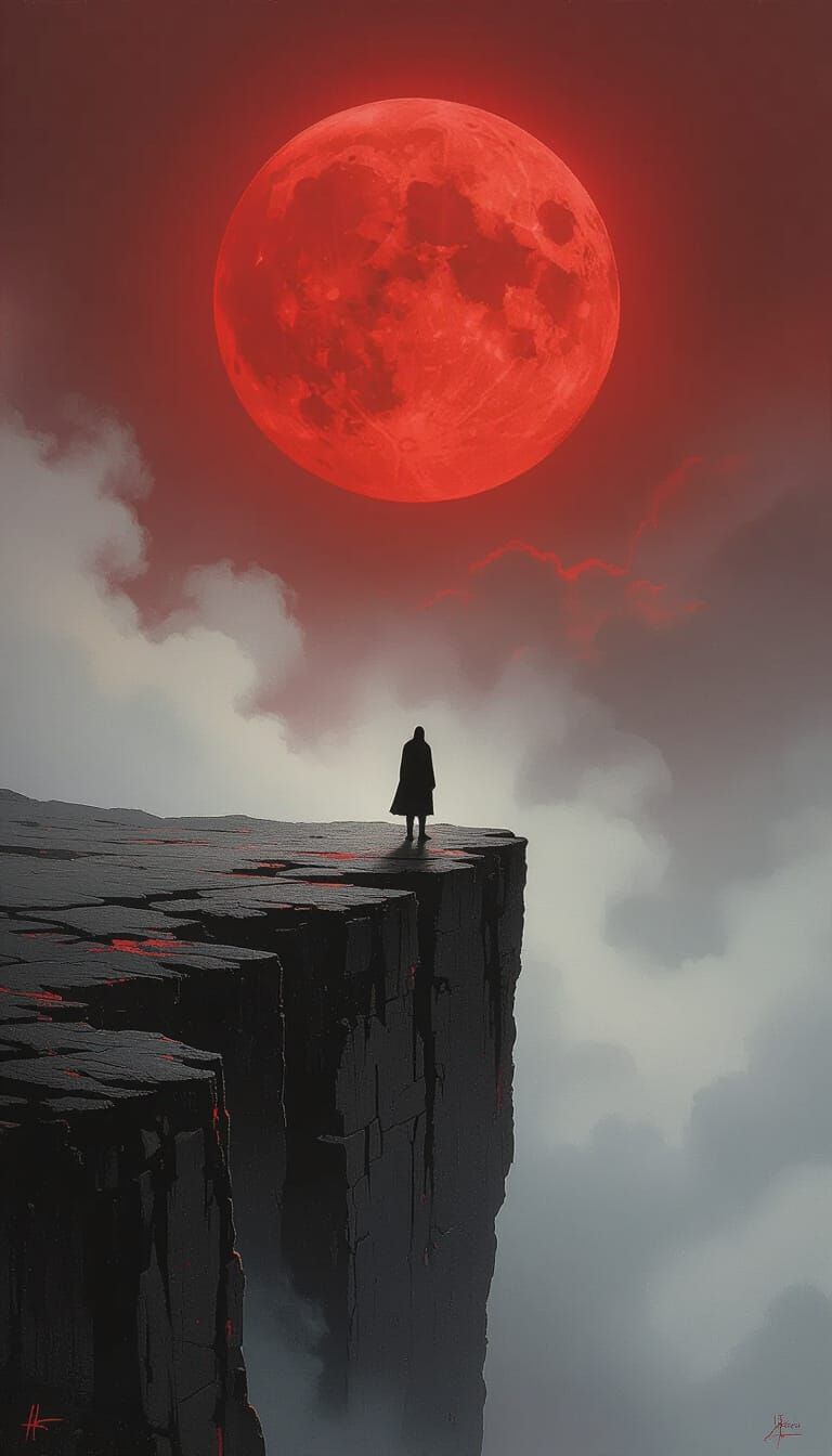 Solitary Figure on Precipice Under Blood Moon
