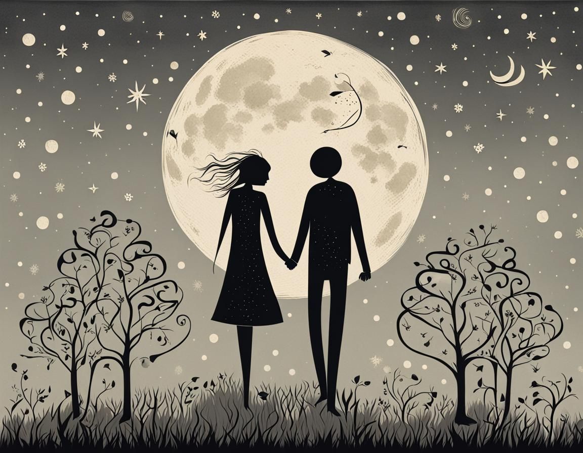 Stick Figure Couple Under the Moon