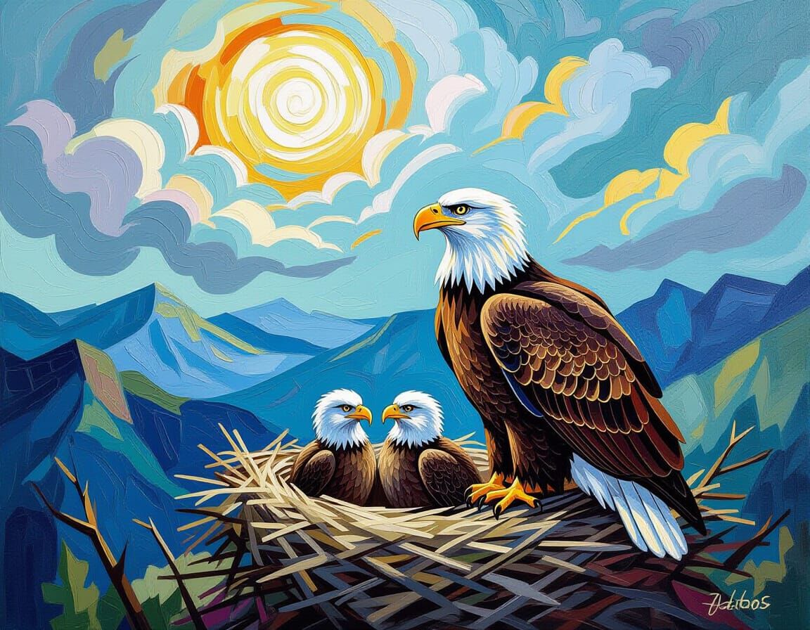 Mama Eagle and Eaglets in Dramatic Mountain Vista