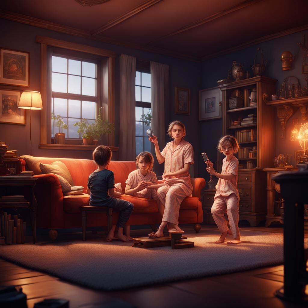 Family Gaming at Home: Detailed Matte Painting