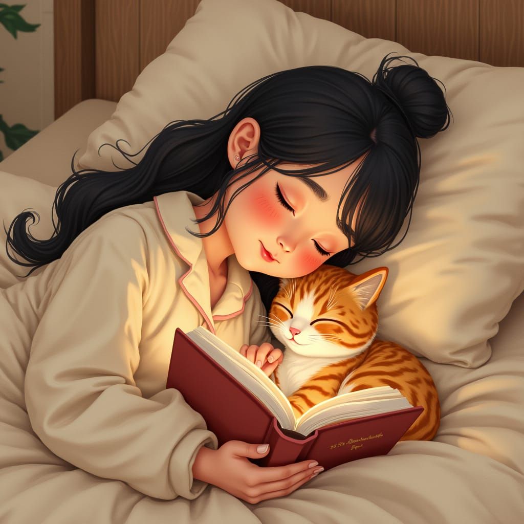 Cozy Bedtime Story with Cat: Whimsical Digital Illustration