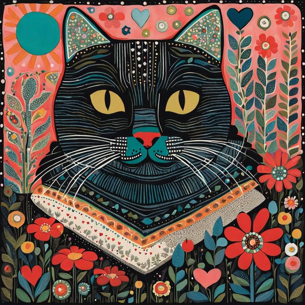 Cute Cat in Floral Paradise: Naive Folk Art