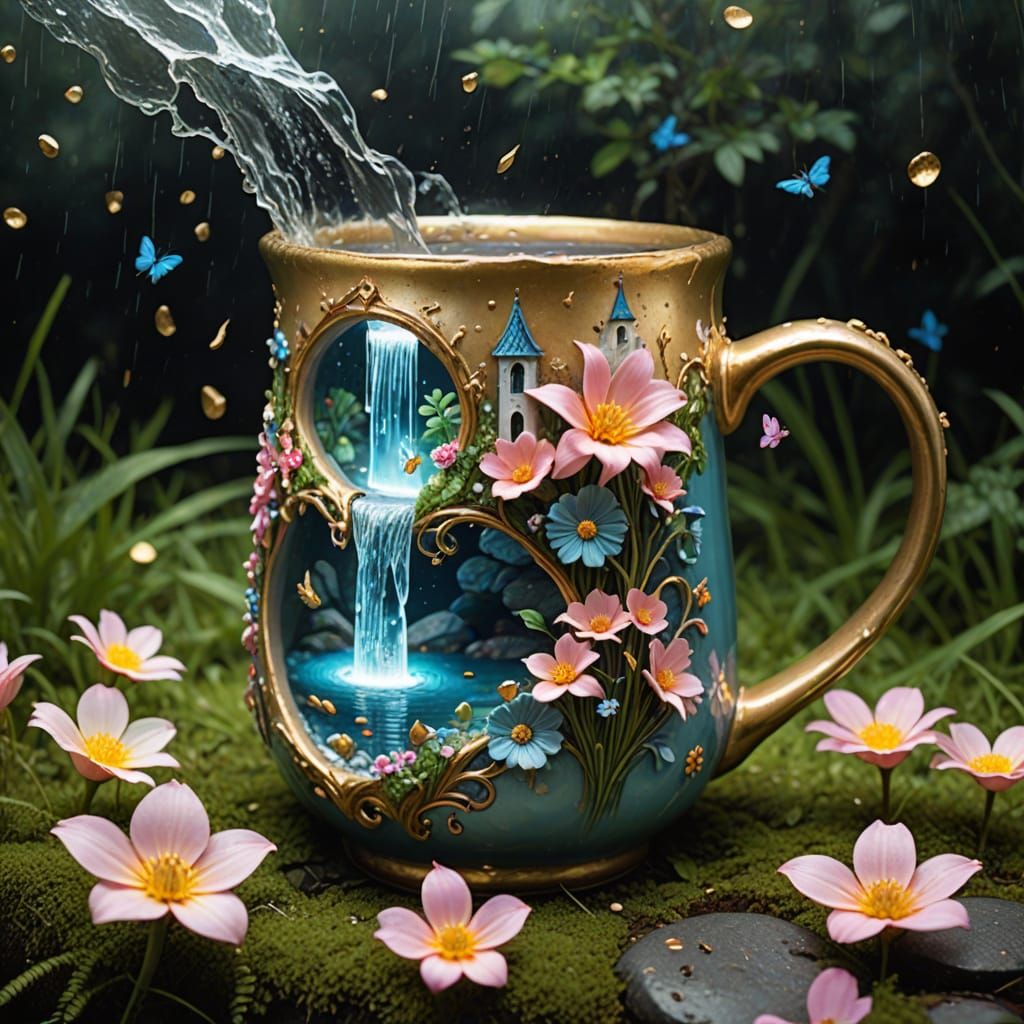 Enchanted Tower Emerging from Cracked Mug