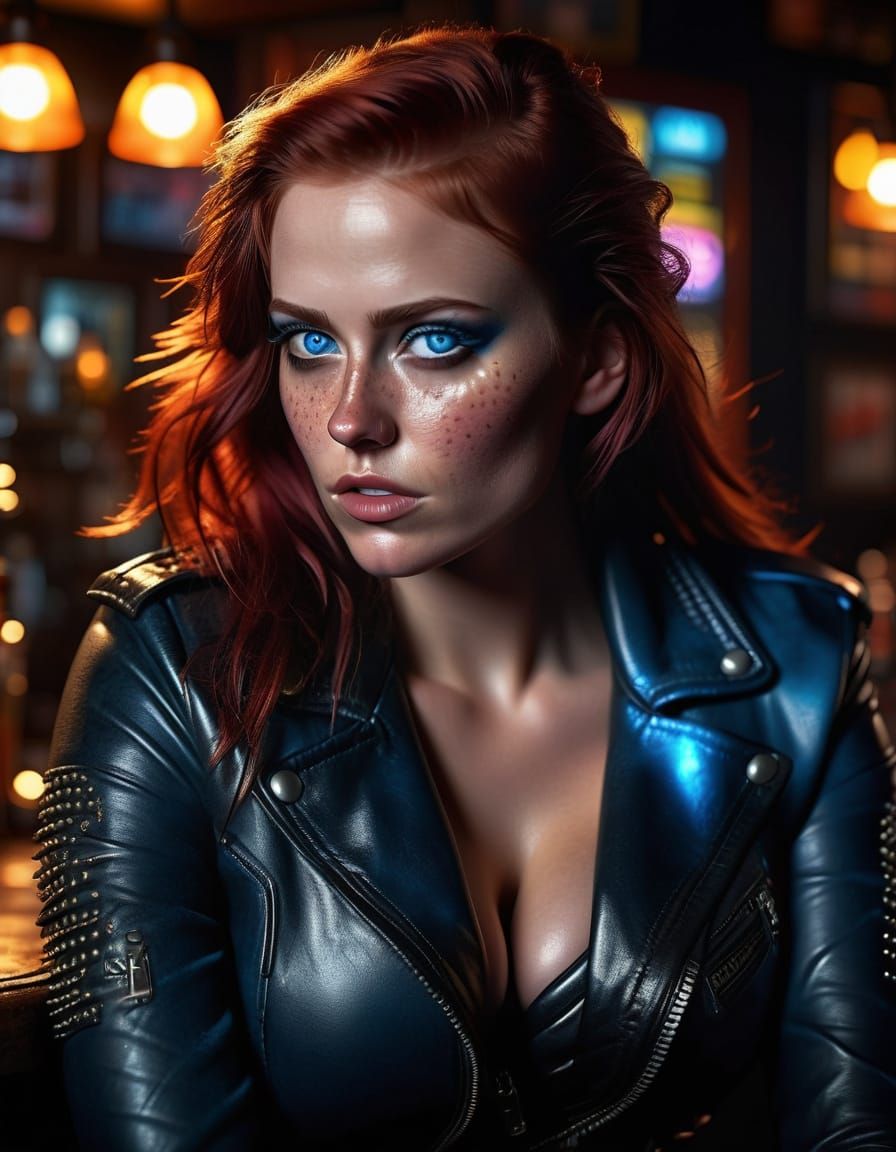 Sultry Woman in Leather Jacket Leans Against Bar