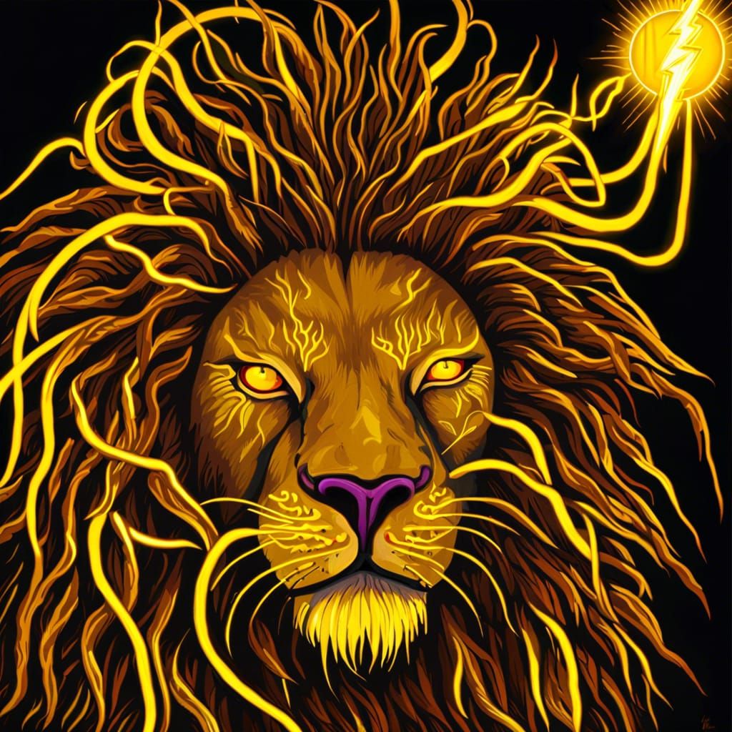 Neon Lion Portrait with Lightning Dreadlocks