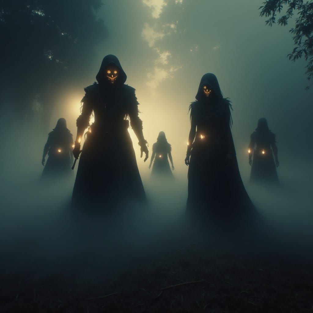 Ethereal Shadow Figures in Foggy Park