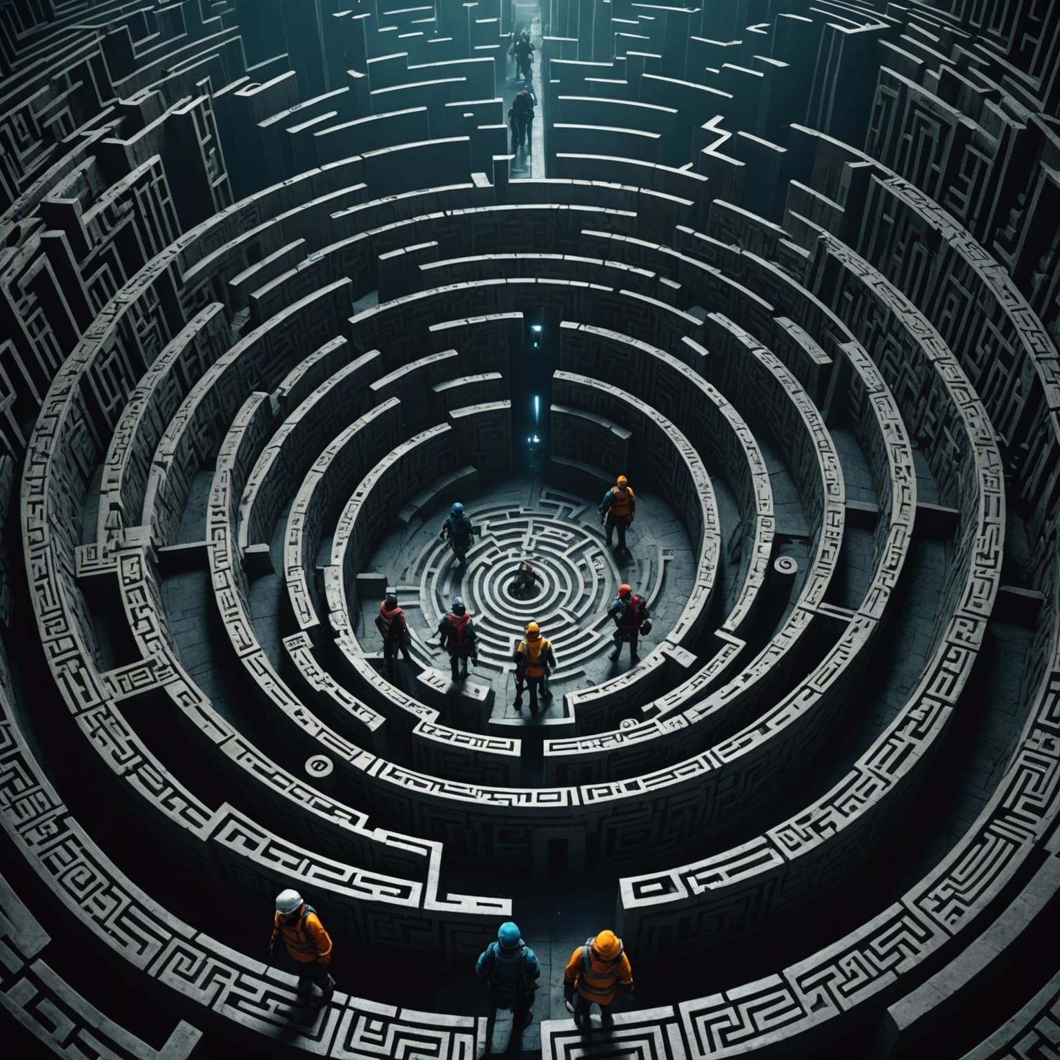 Blindfolded Men Navigate Dark Fantasy Maze in Quest for Data...