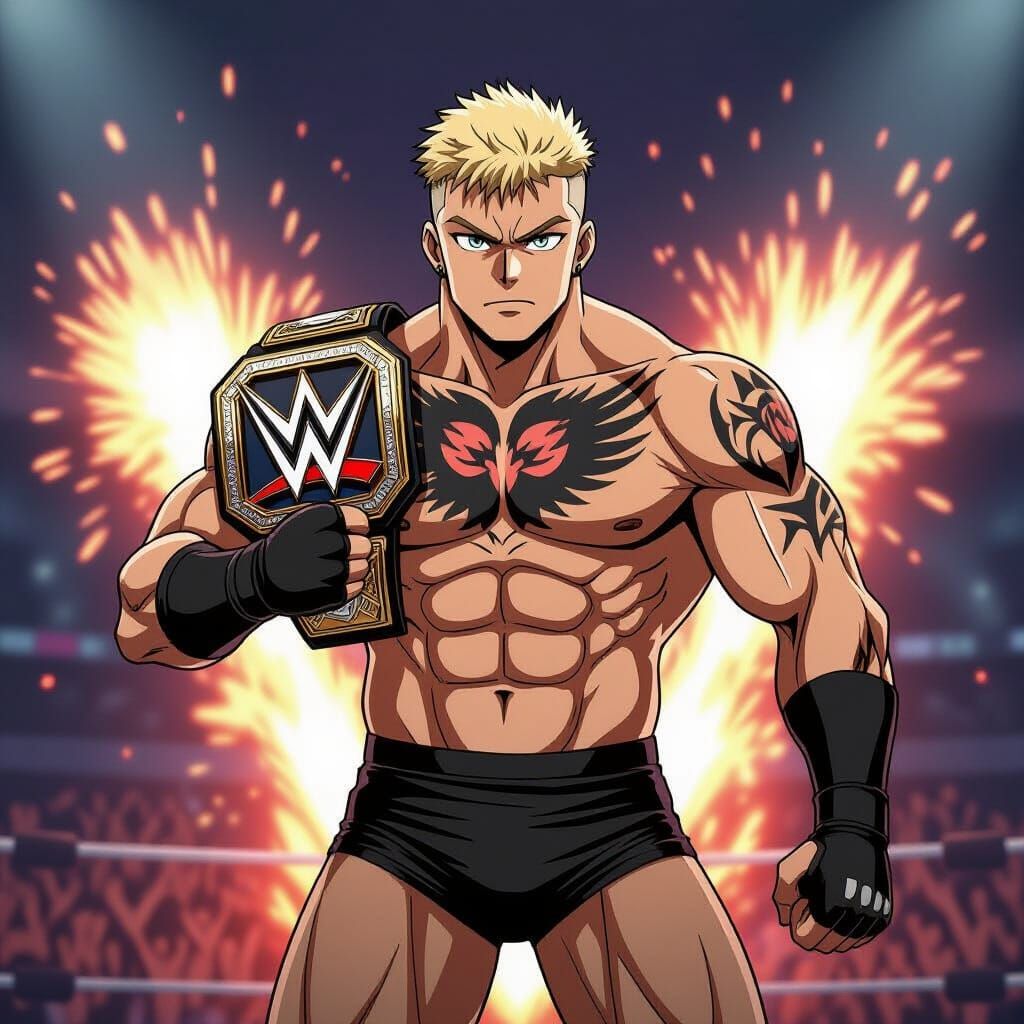 Anime Wrestler with Championship Belt and Pyro