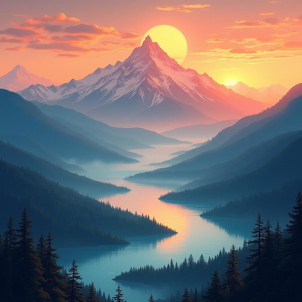 Majestic Mountain Range at Sunset: Surreal Illustration