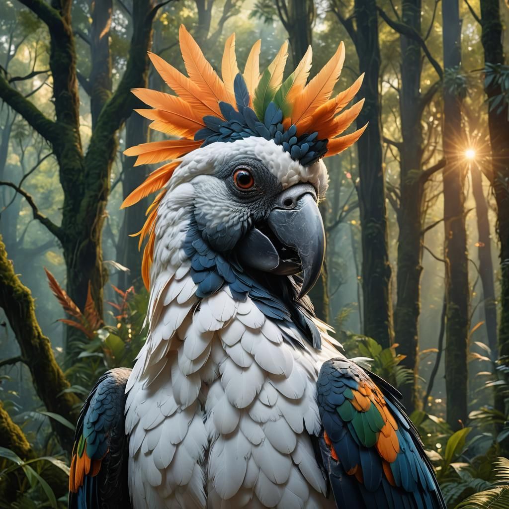 Half Horse Cockatoo Portrait in Lush Forest