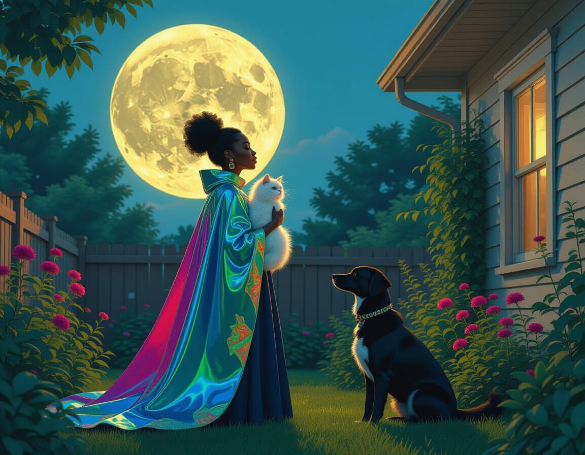 Woman in Iridescent Cape Gazes at Full Moon with Pets