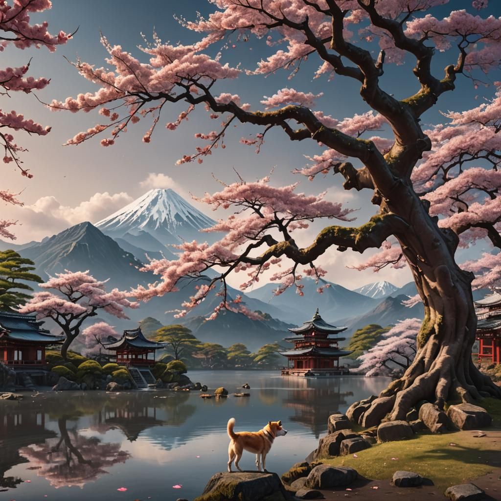 Ancient Sakura Tree by Lake: Matte Painting