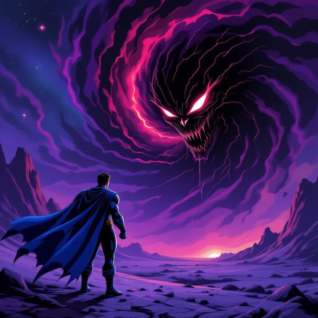 Superhero Confronts Cosmic Horror on Alien Planet