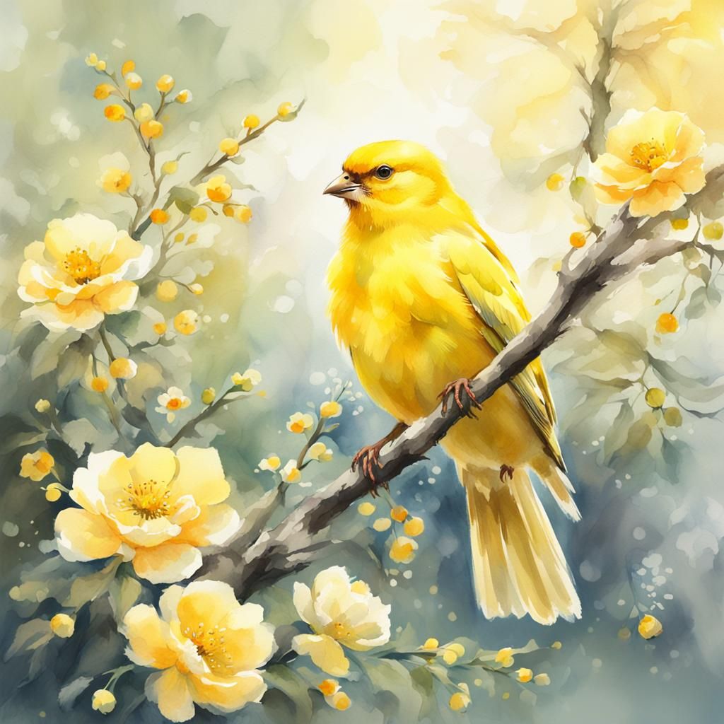 Yellow Canary on Branch in Watercolor Style