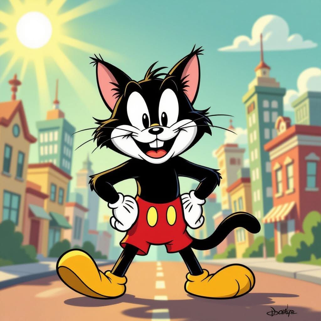 Felix the Cat and Goofy Hybrid in Retro Cityscape