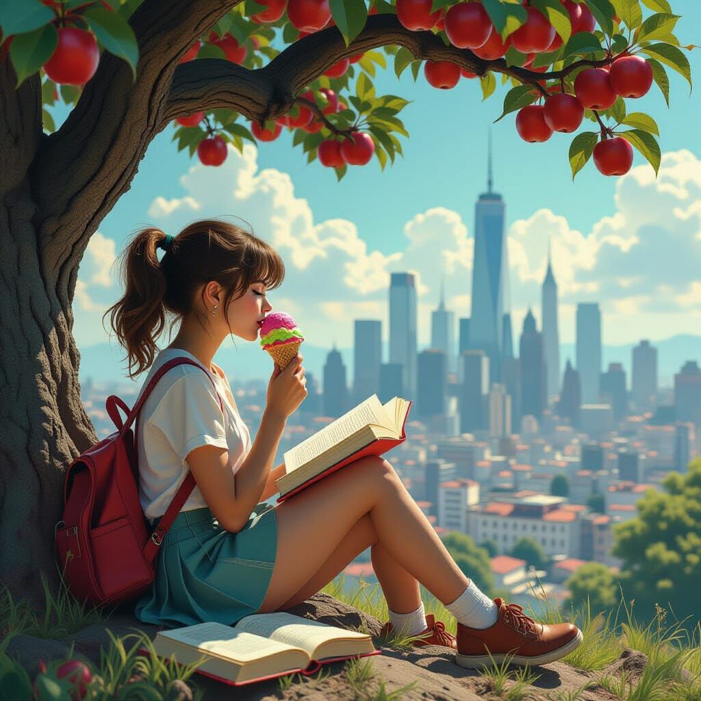 Girl Tastes Rainbow Ice Cream on Ancient Tree Near Futuristi...