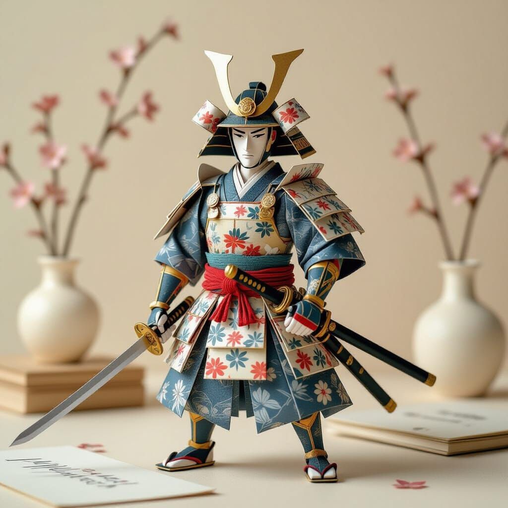 Origami Samurai with Paper Sword in Soft Focus