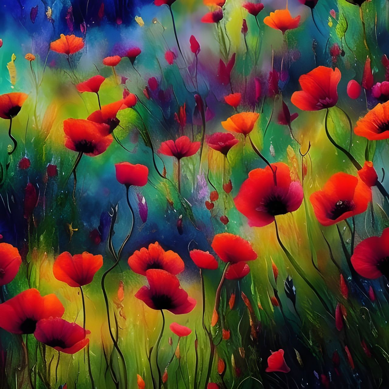 Surreal Poppy Field to Emerald City, Impressionist Style